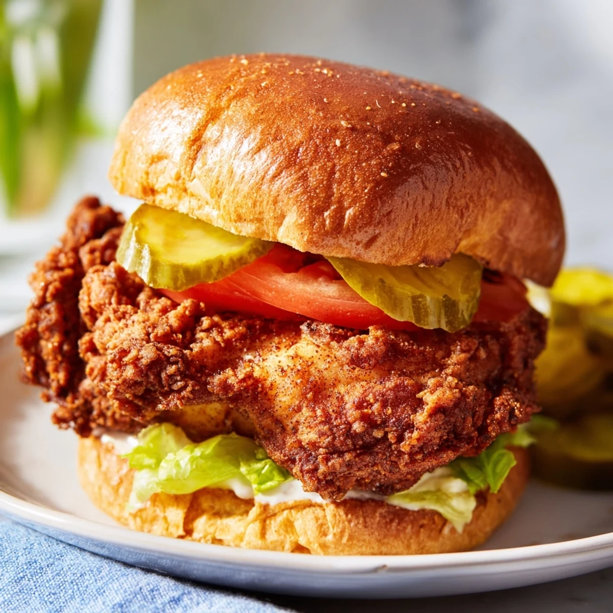 Golden ultra crunchy fried chicken burger stacked with fresh lettuce tomato and pickles on toasted brioche bun