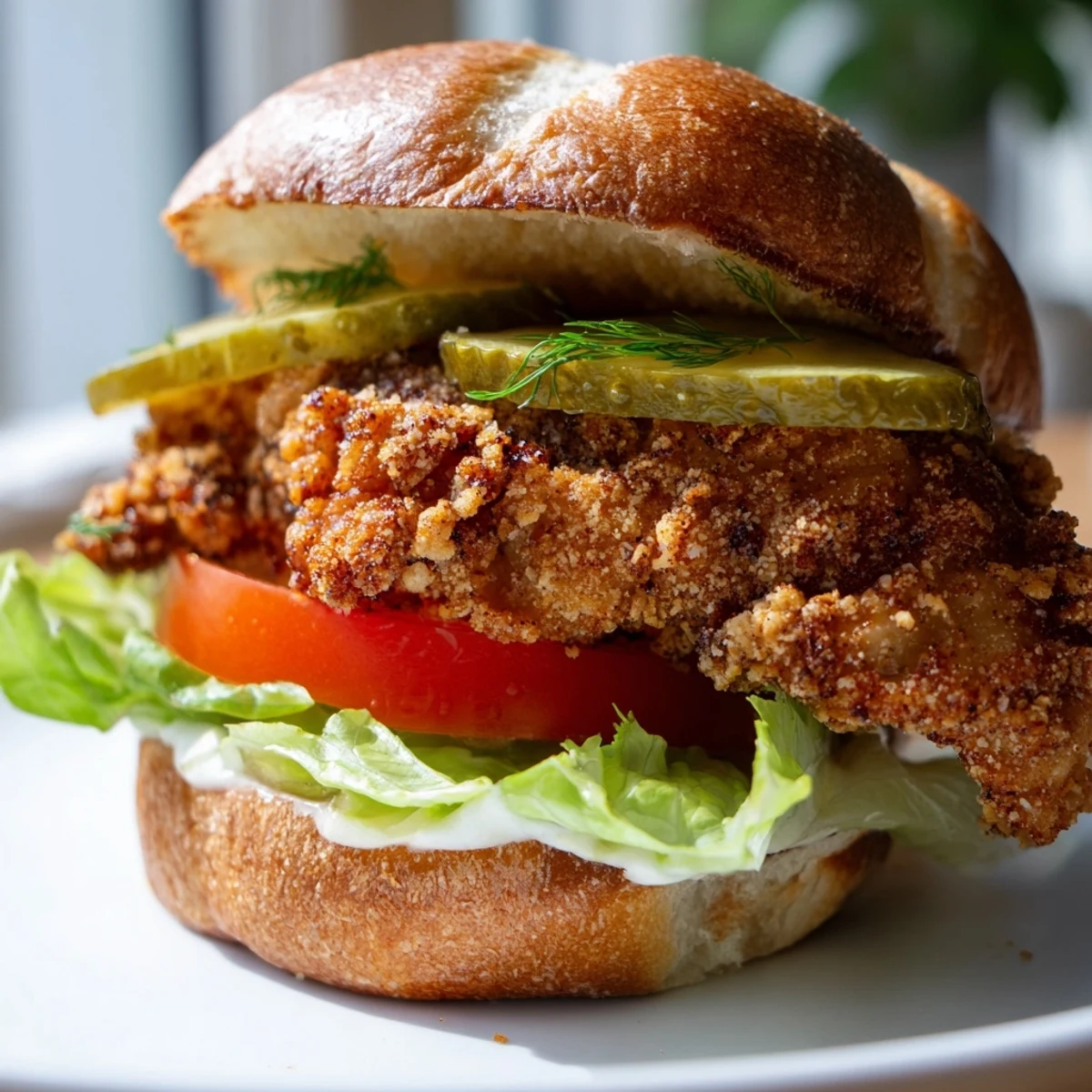 Mouthwatering American fried chicken burger featuring crispy buttermilk coated chicken thigh with spicy mayo and crisp vegetables