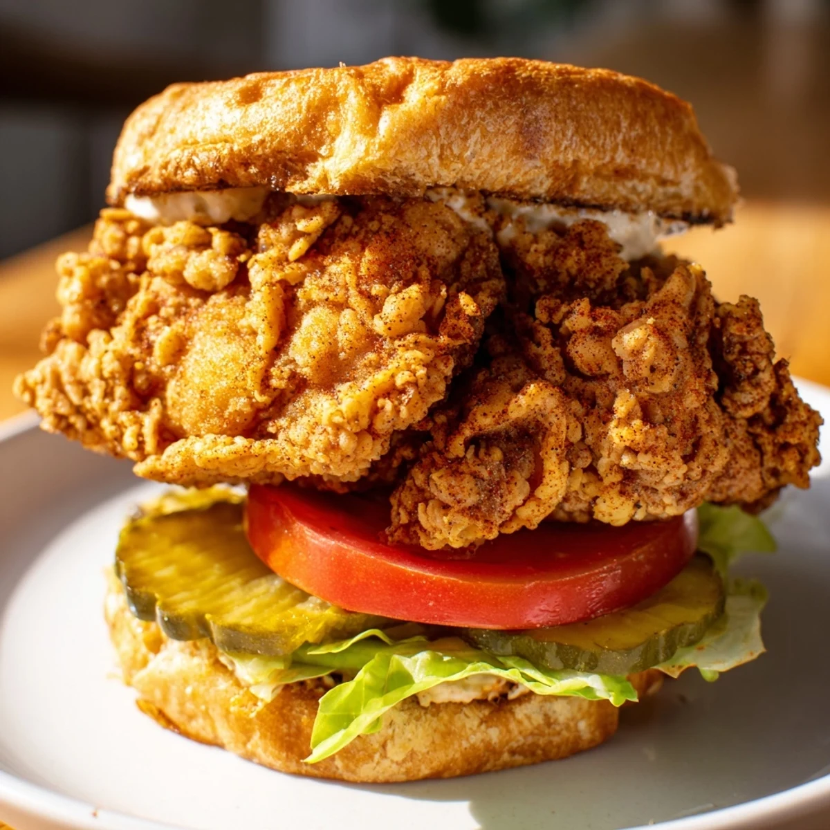 Homemade crunchy fried chicken burger served on soft potato bun with ripe tomatoes lettuce and tangy dill pickles