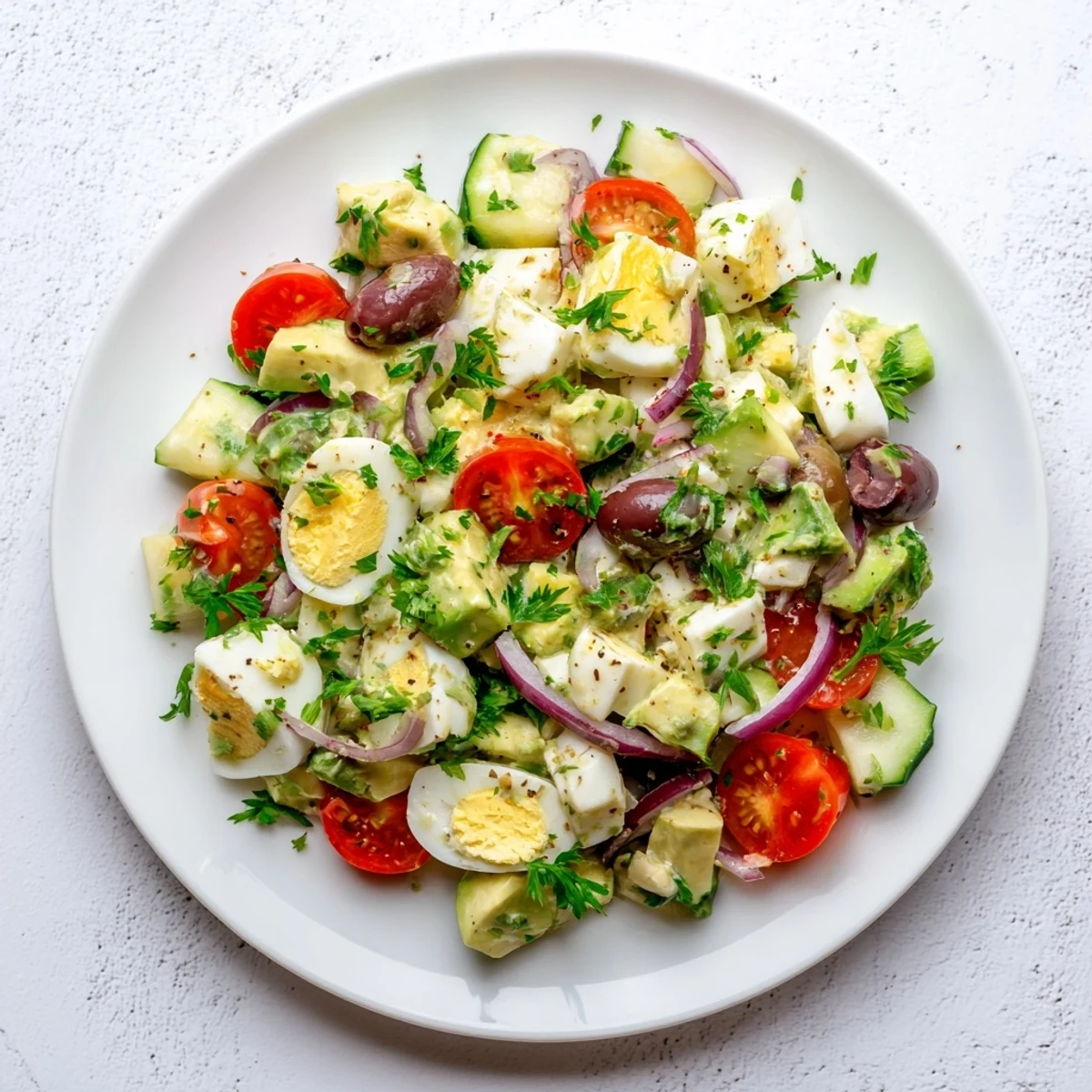 Creamy zesty Mediterranean avocado egg salad with colorful vegetables and fresh herbs in bowl