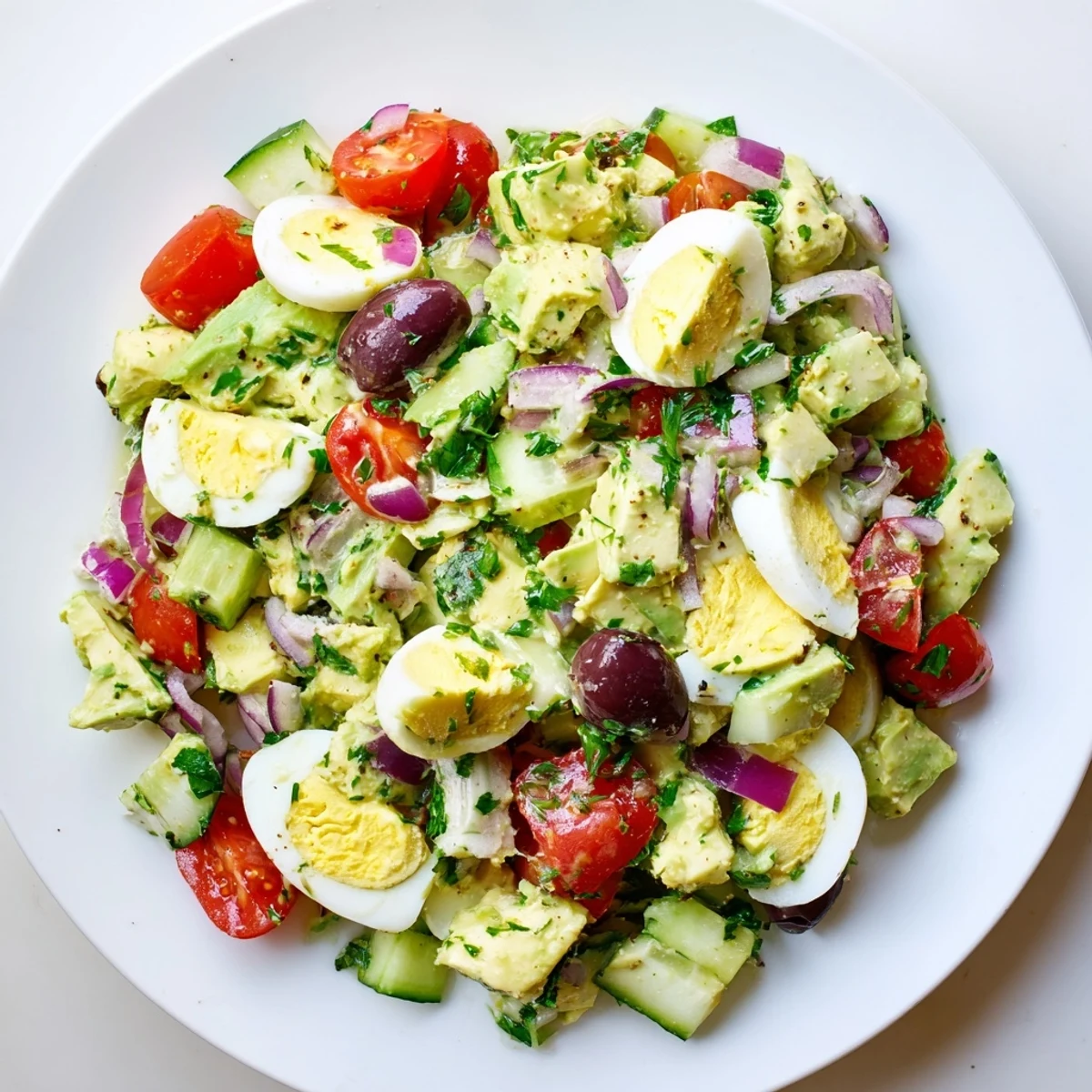 Light and refreshing Mediterranean avocado egg salad served with cherry tomatoes and crisp cucumber