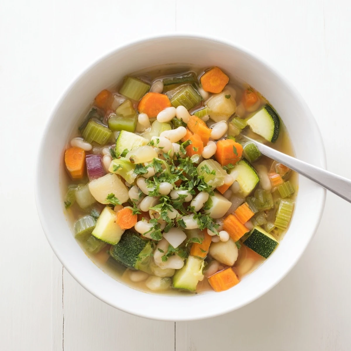 Steaming bowl of hearty Stone Soup packed with colorful diced vegetables and white beans in rich vegetable broth