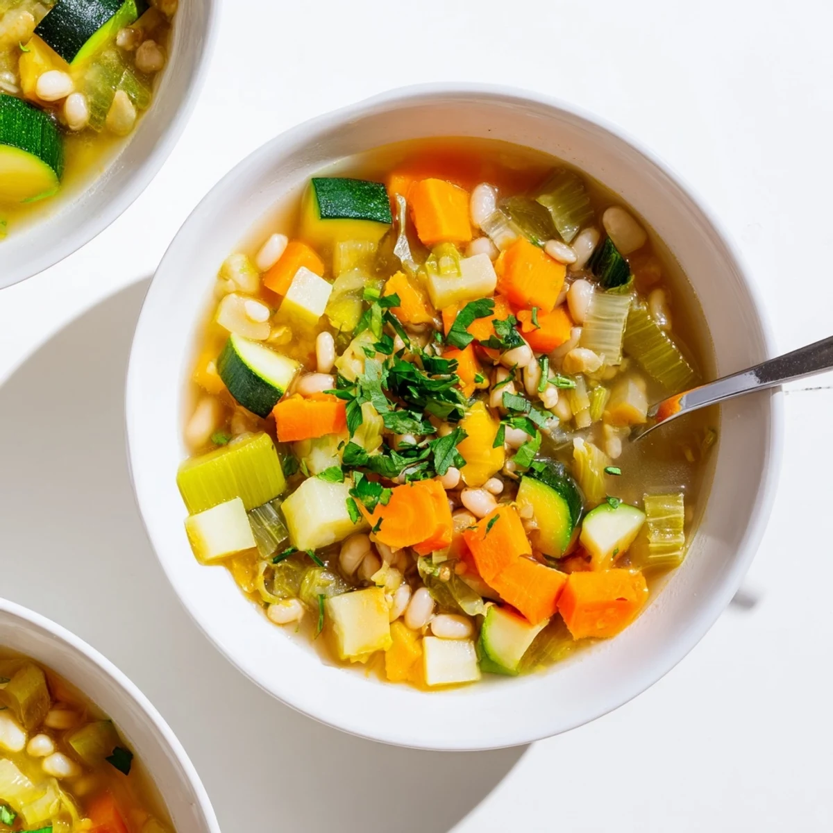 Rustic Stone Soup featuring tender potatoes, carrots, and green beans simmered with fresh herbs and crusty bread on the side