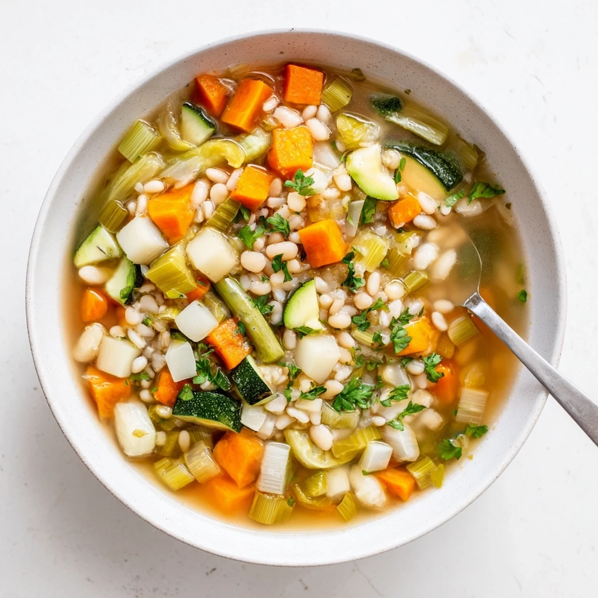Golden vegetable Stone Soup brimming with garden vegetables and pearl barley, garnished with bright green parsley