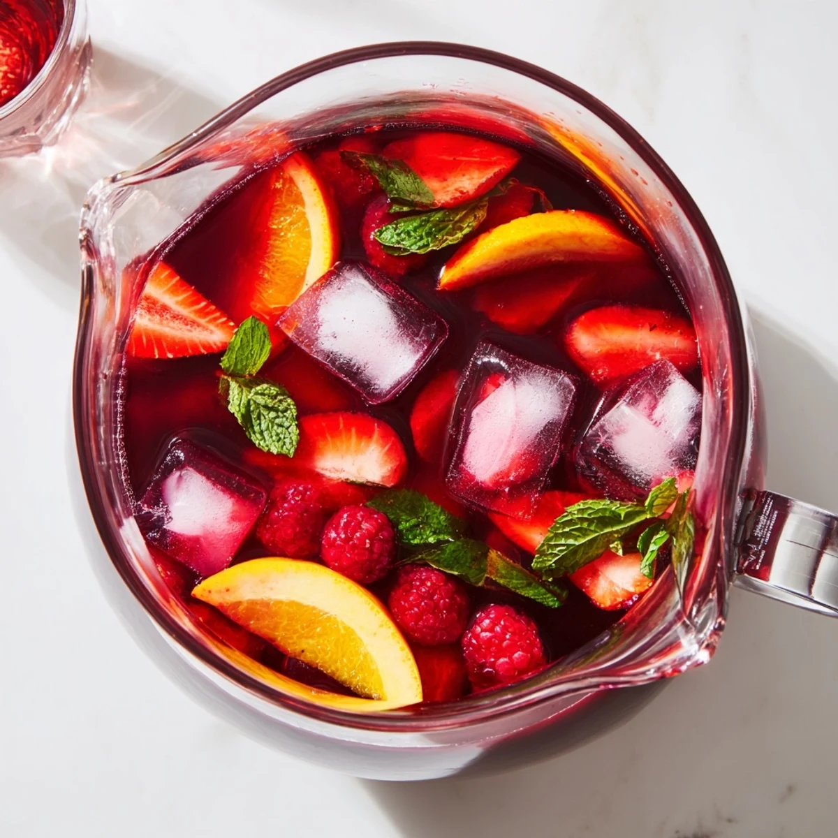 Glass of refreshing love potion punch garnished with fresh strawberries and orange slices