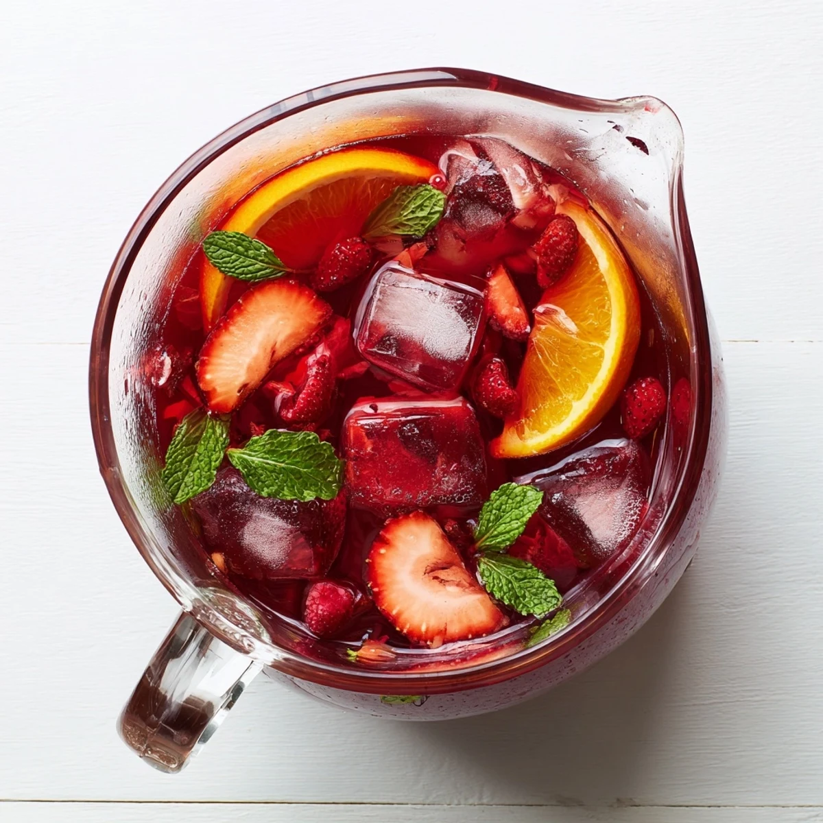 Crimson love potion punch bowl with floating raspberries and mint sprigs on ice