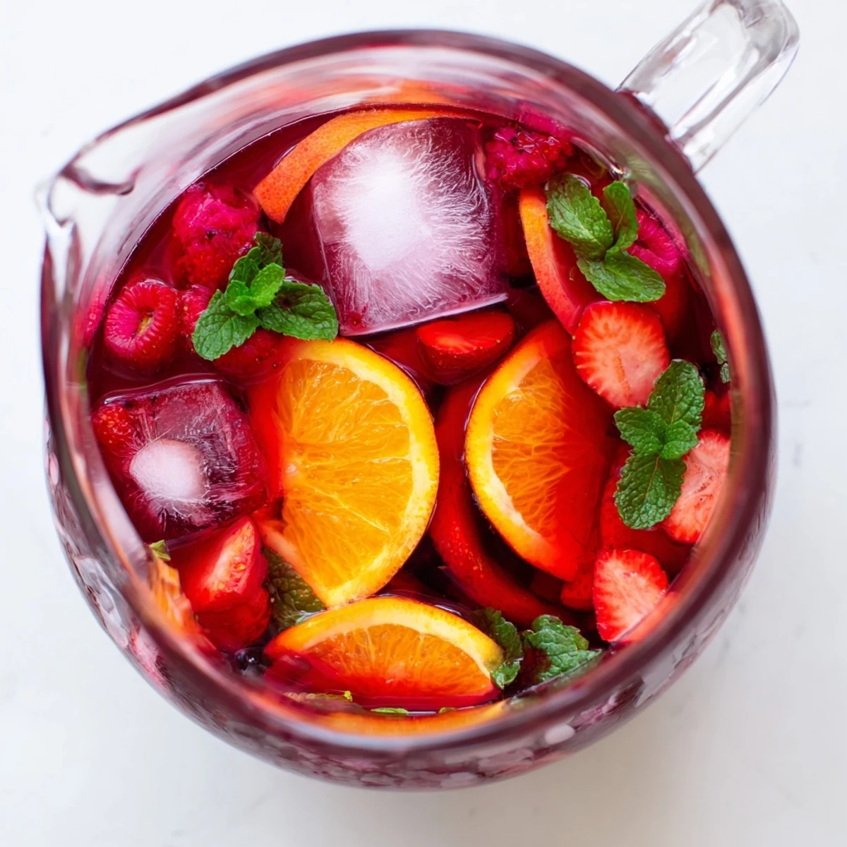 Sparkling love potion punch in clear pitcher showcasing layered berry and citrus colors