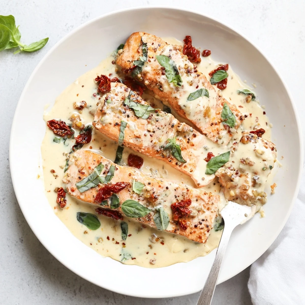 Marry Me Salmon topped with fresh herbs in luscious white sauce over rustic serving platter