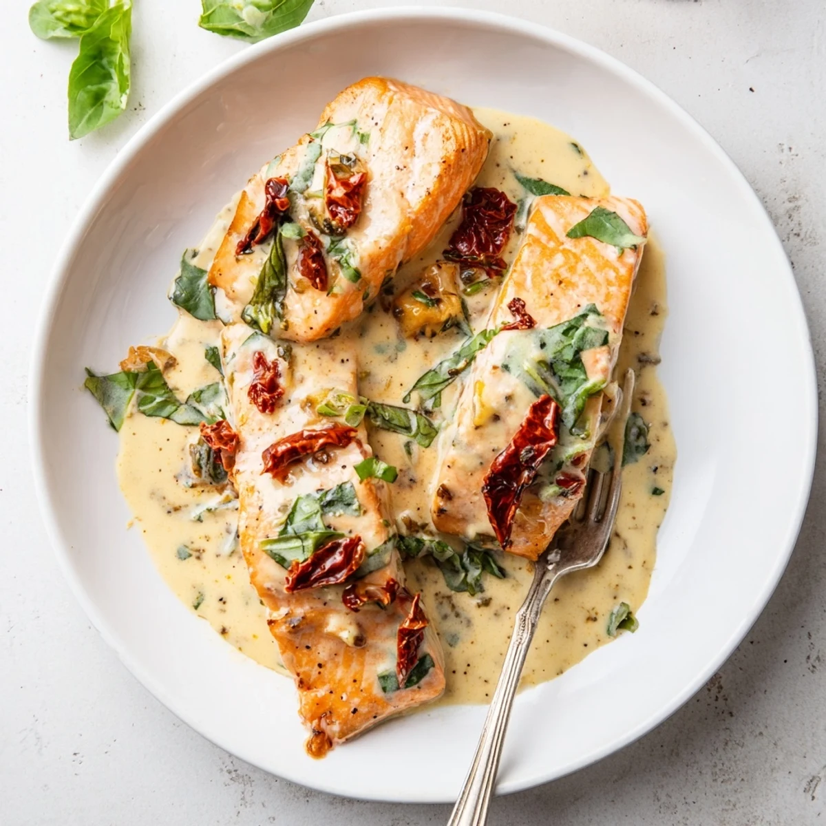 Golden pan-seared salmon fillets swimming in rich garlic parmesan cream sauce with sun-dried tomatoes