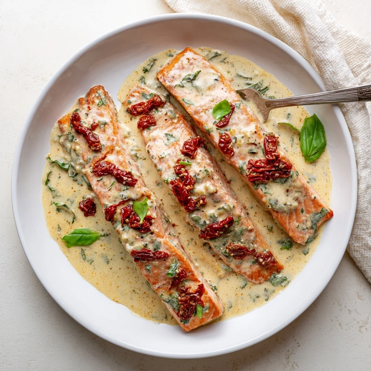Creamy sun-dried tomato and parmesan sauce coats perfectly cooked salmon with vibrant green basil garnish