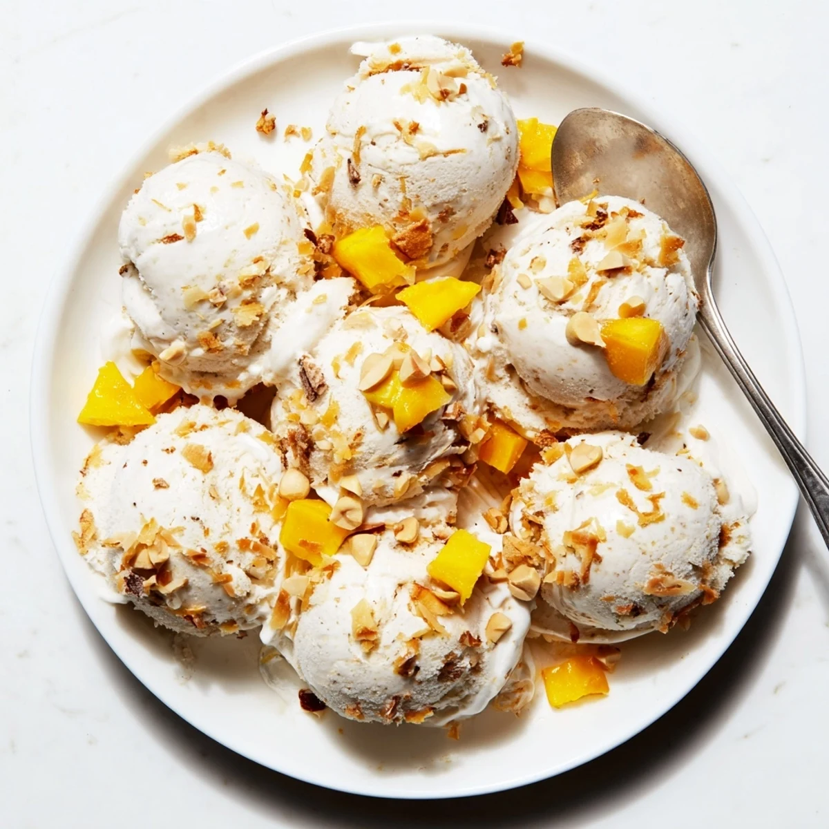Creamy Thai coconut milk ice cream scooped into a bowl with toasted coconut flakes garnish