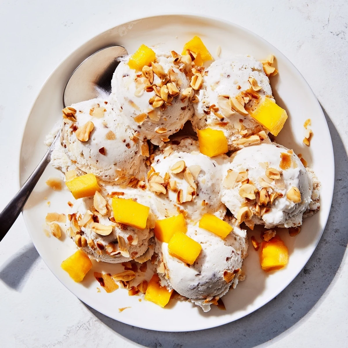 Rich dairy-free Thai coconut milk ice cream topped with crunchy roasted peanuts on a wooden spoon