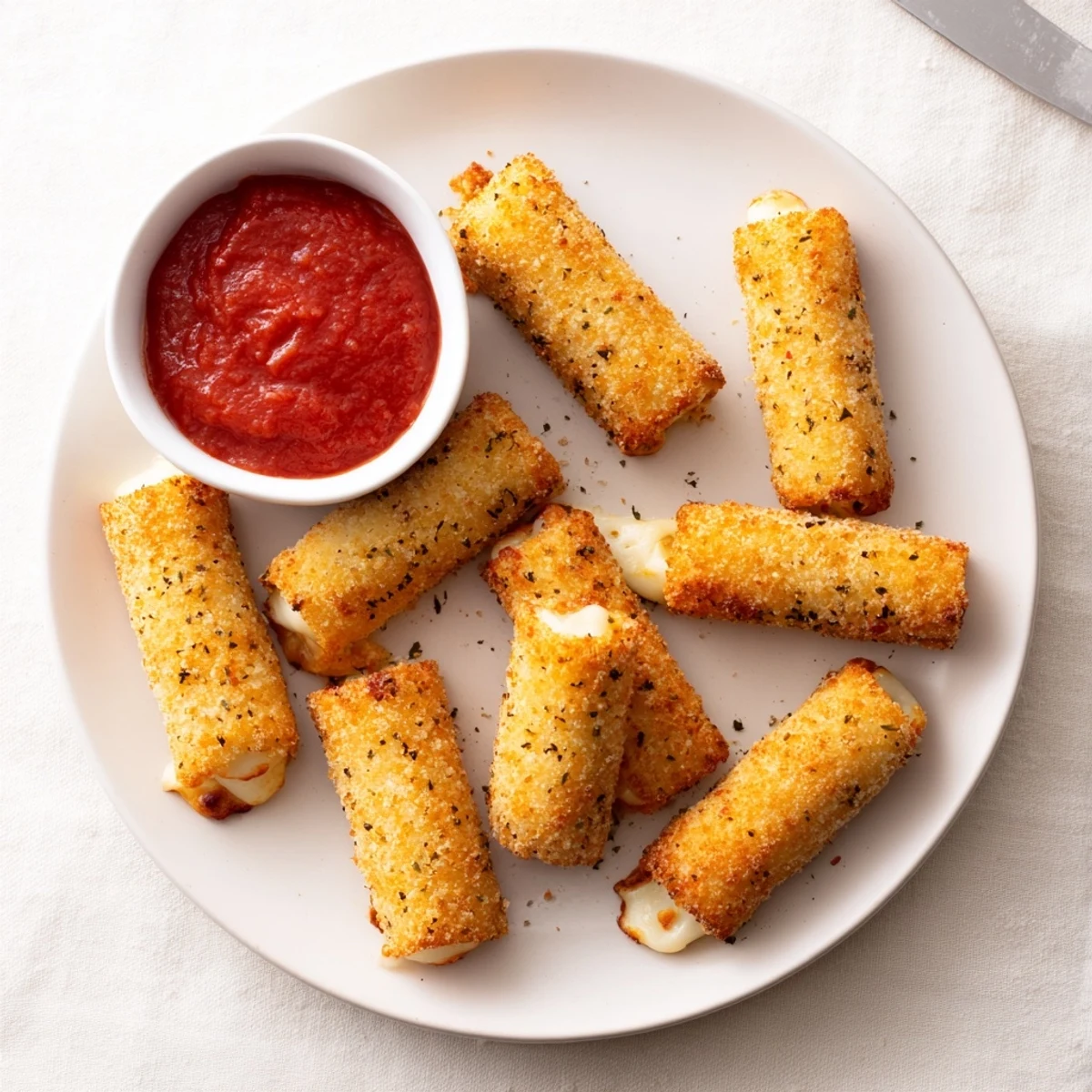 Pan-fried crispy cheesy roll ups with garlic parmesan coating served with marinara dipping sauce