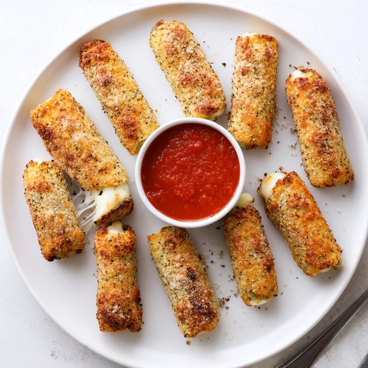 Golden brown crispy cheesy roll ups featuring melty mozzarella centers on a white plate