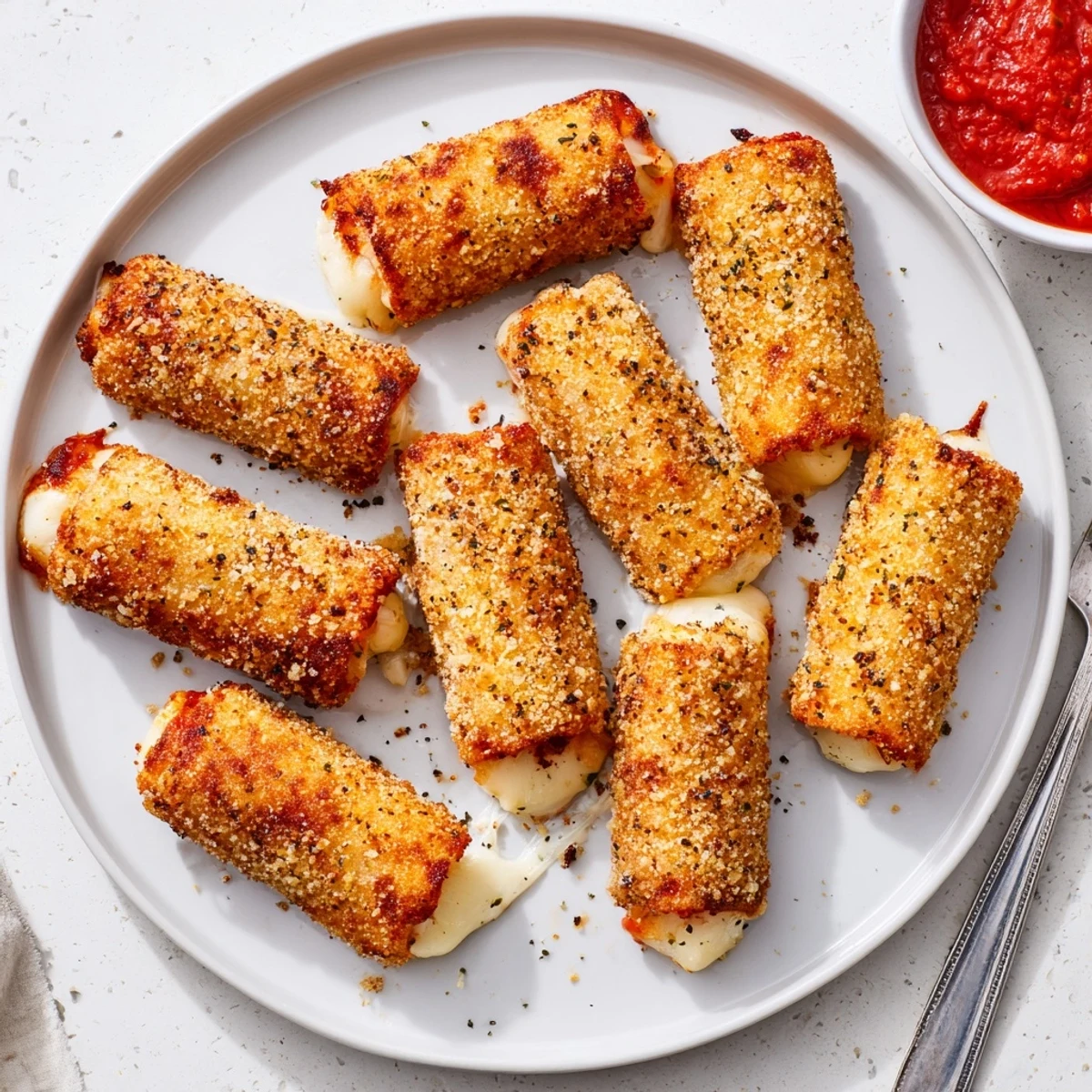 Close up of crispy cheesy roll ups showing golden breadcrumb texture and oozing cheese