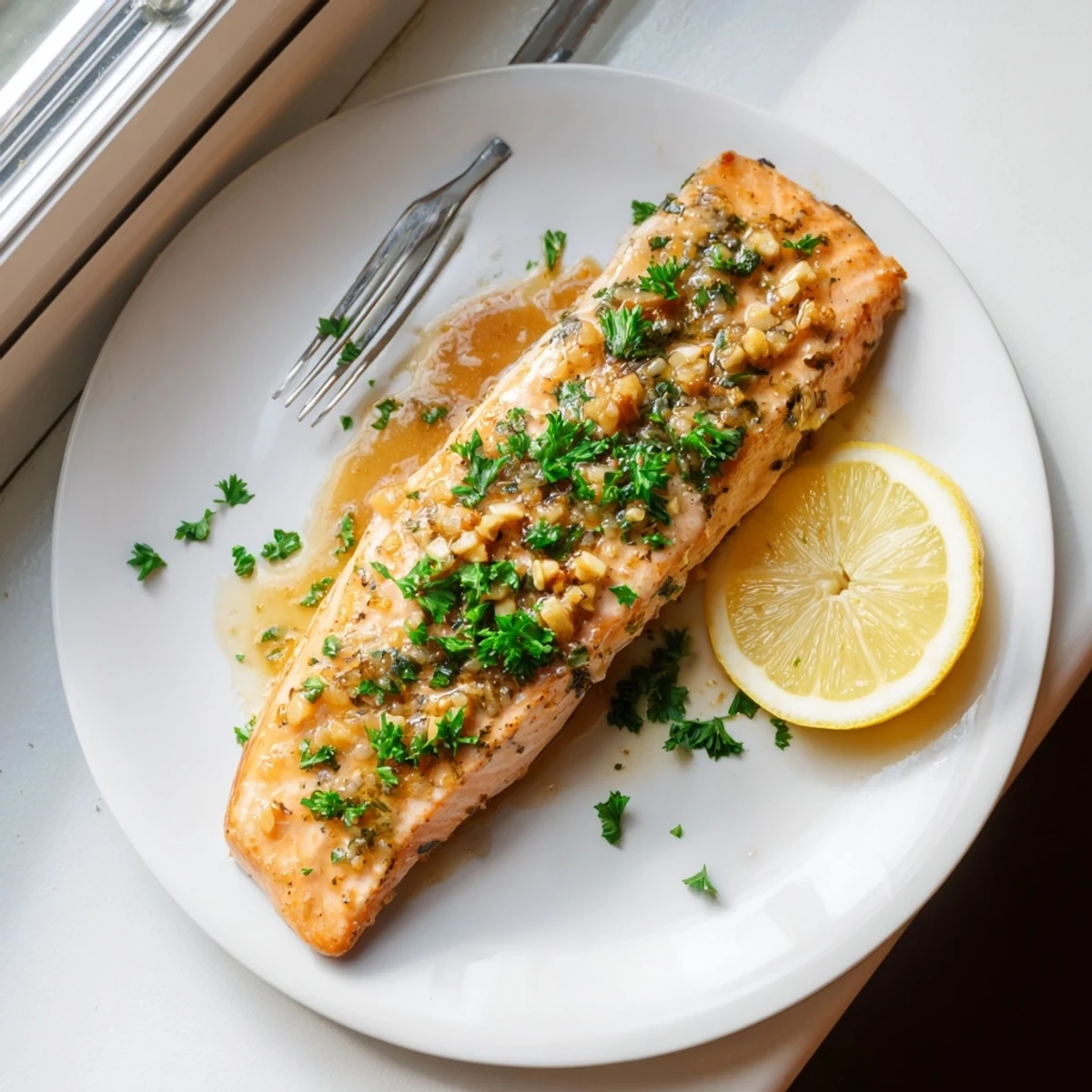 Honey garlic glazed salmon garnished with fresh parsley and served with bright lemon wedges