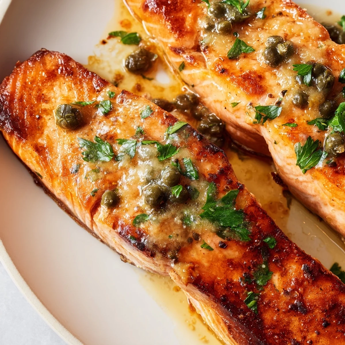 Restaurant-style Gordon Ramsay pan fried salmon featuring crispy skin topped with lemon caper butter sauce