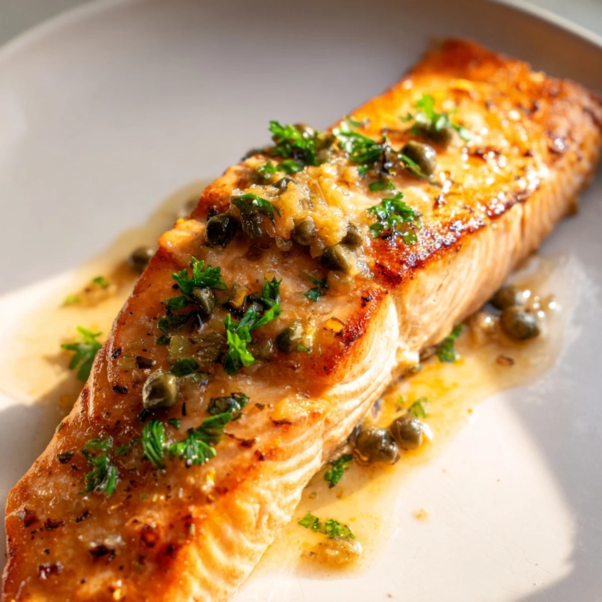 Golden crispy-skinned Gordon Ramsay pan fried salmon with herb butter sauce and tender seasonal vegetables