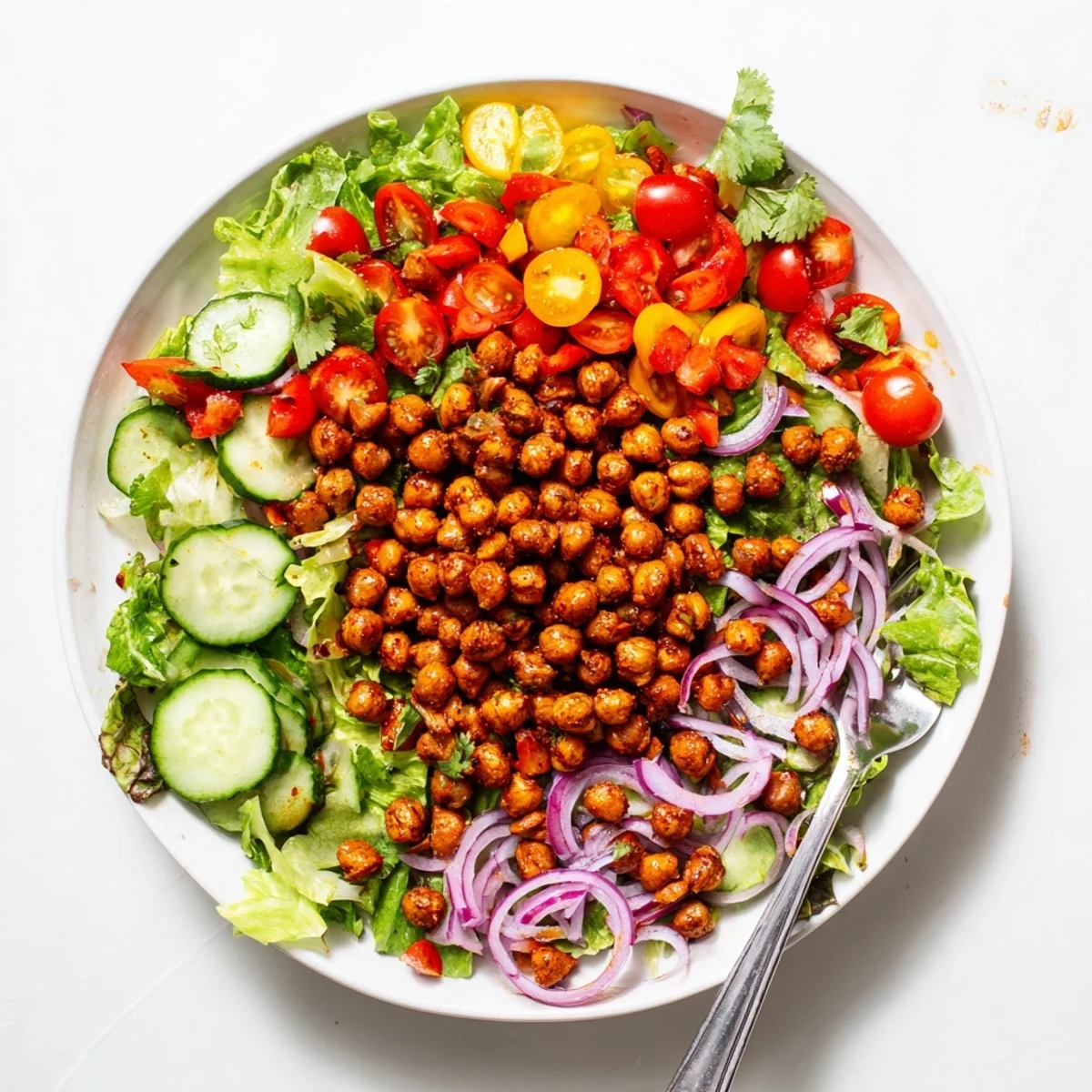 Zesty crispy chili lime chickpea salad with cherry tomatoes, cucumber, and fresh cilantro garnish