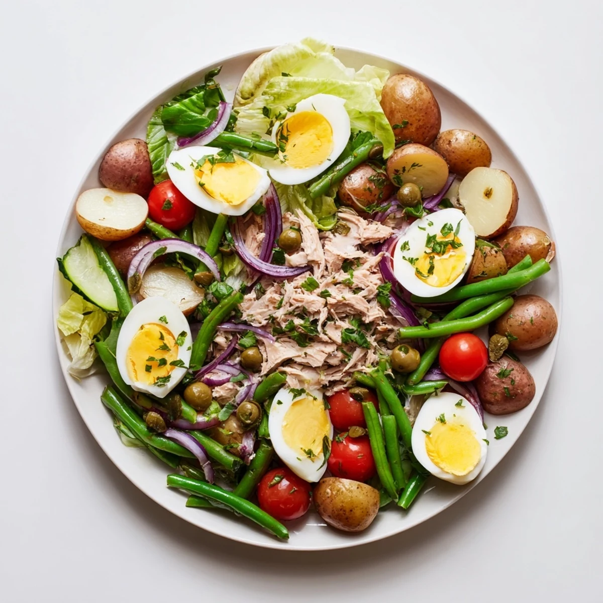 Colorful Classic Niçoise Salad plated with tuna, boiled eggs, olives, and crisp vegetables