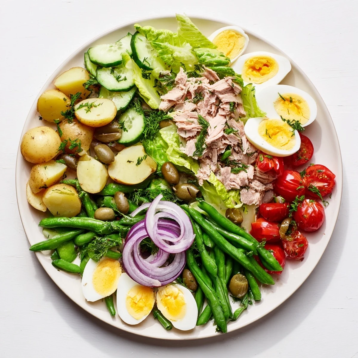 Vibrant Classic Niçoise Salad arranged on a platter with fresh vegetables and protein