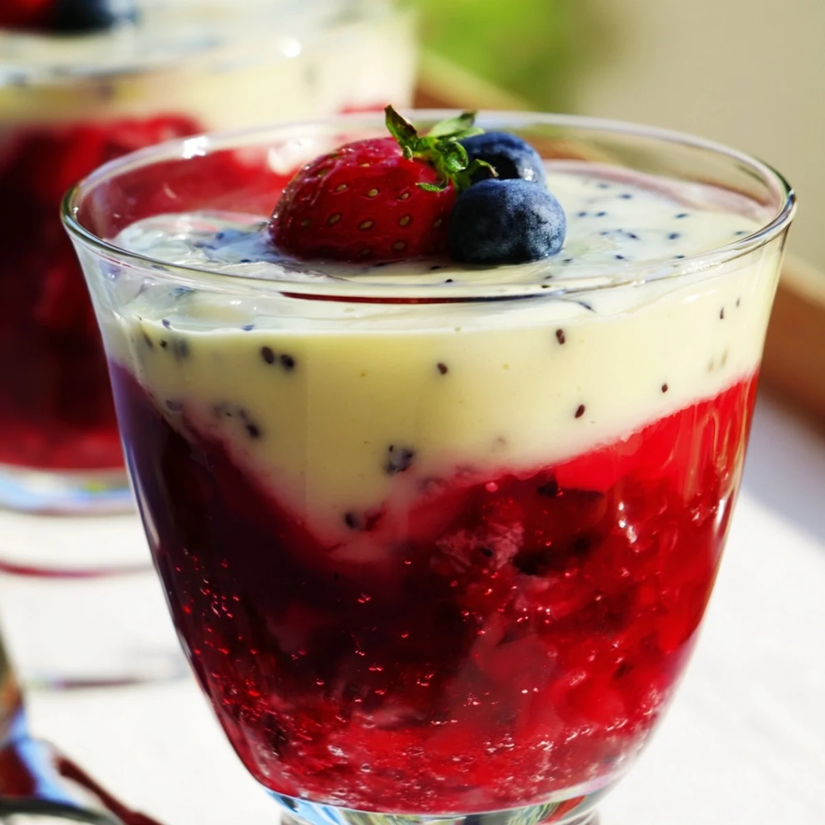 Layered vanilla mousse berry jello dessert in clear glass with fresh strawberries and raspberries on top