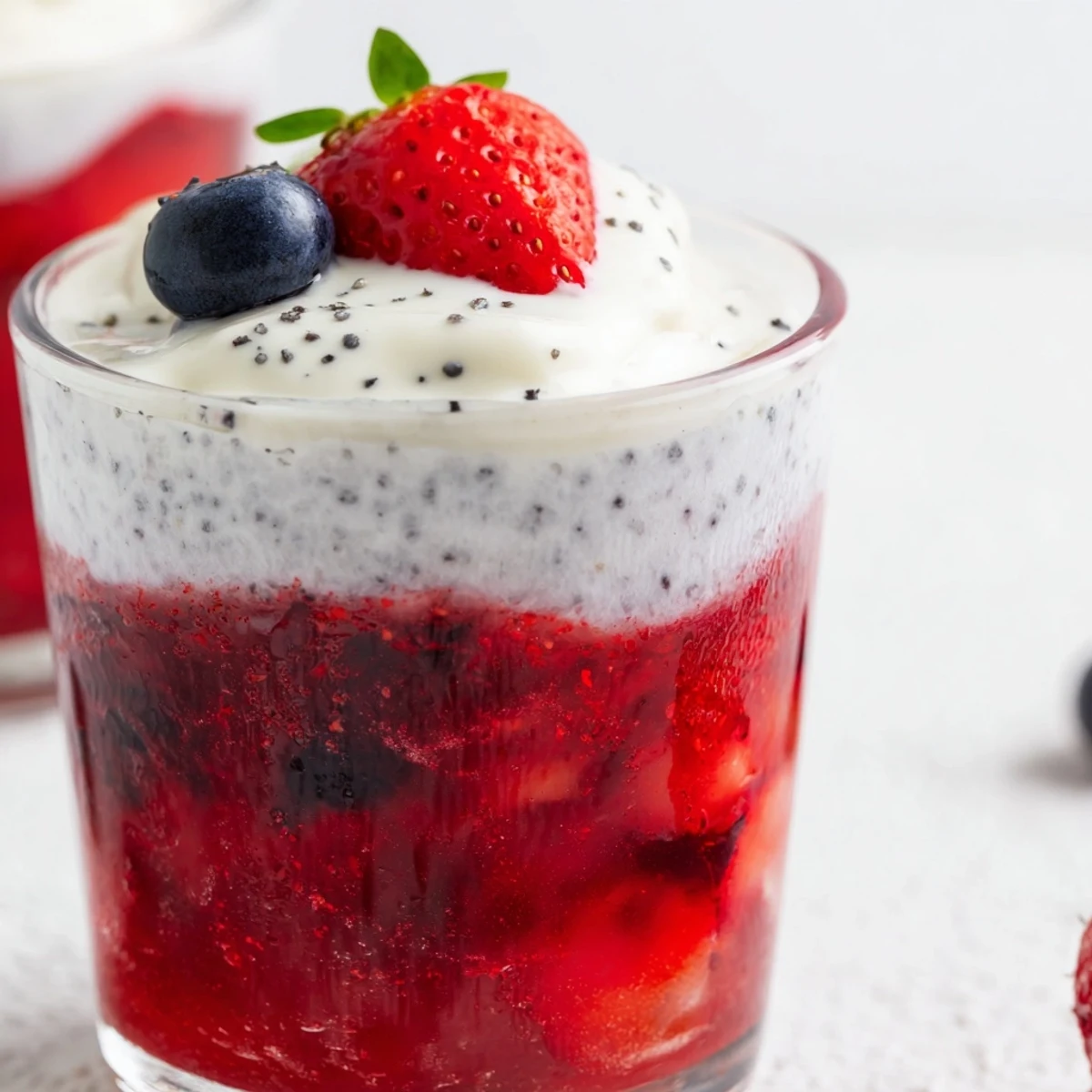 Creamy vanilla mousse atop vibrant berry jello in a parfait glass garnished with mint leaves