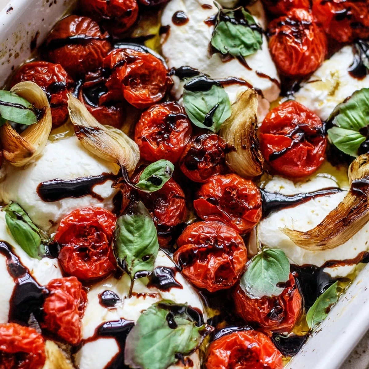 Golden roasted tomato and creamy burrata cheese dip garnished with fresh basil leaves