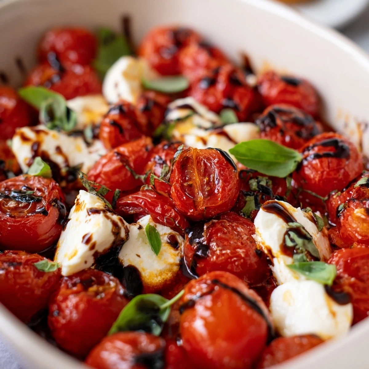 Warm Italian appetizer featuring blistered cherry tomatoes topped with melted burrata and balsamic glaze