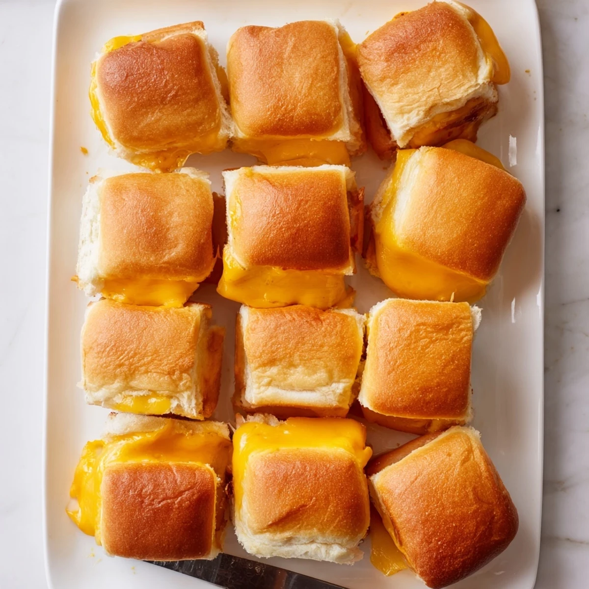 Golden brown mini grilled cheese Hawaiian rolls with melted cheddar cheese on a white serving plate