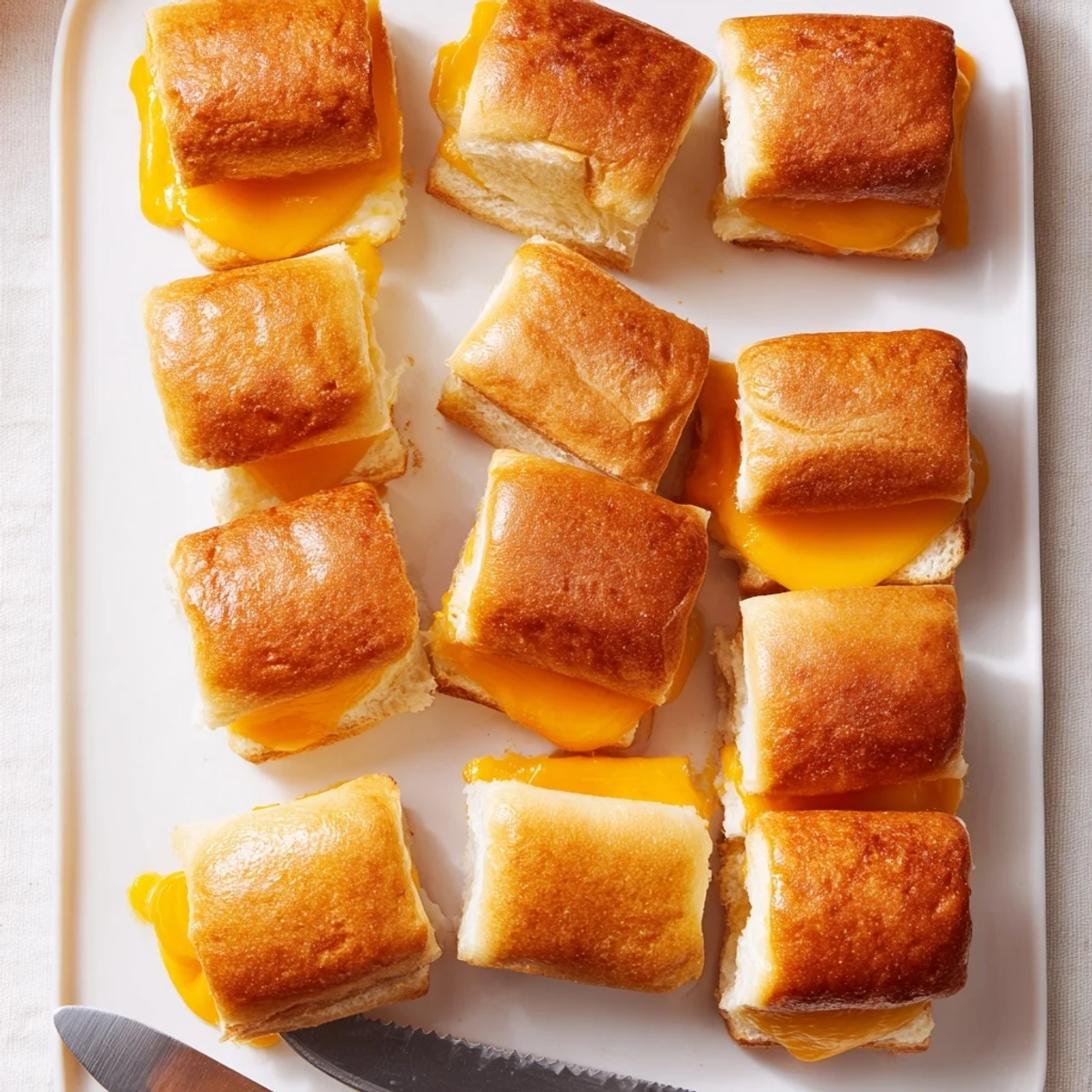 Bite-sized Hawaiian sweet roll grilled cheese sandwiches with golden tops and cheesy layers