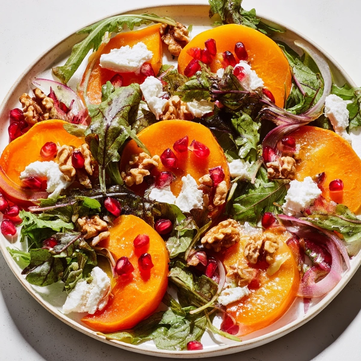 Colorful bowl of persimmon salad with fennel and mixed greens coated in homemade apple cider dressing