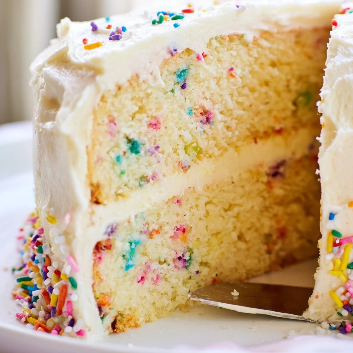 Big batch confetti cake with vanilla buttercream frosting and colorful rainbow sprinkles on top