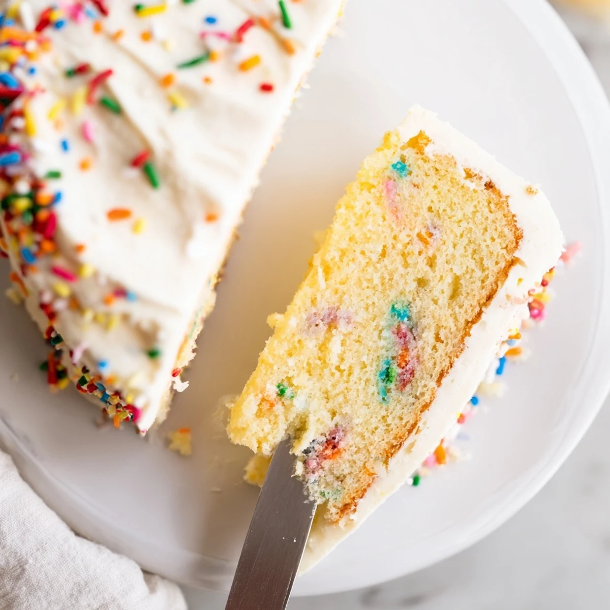Large sheet pan of confetti cake topped with rich buttercream and generous sprinkle decoration