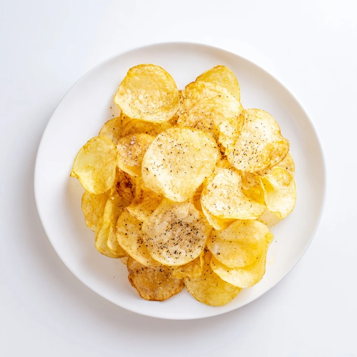 Golden bowl of crispy homemade potato chips dusted with sea salt and black pepper