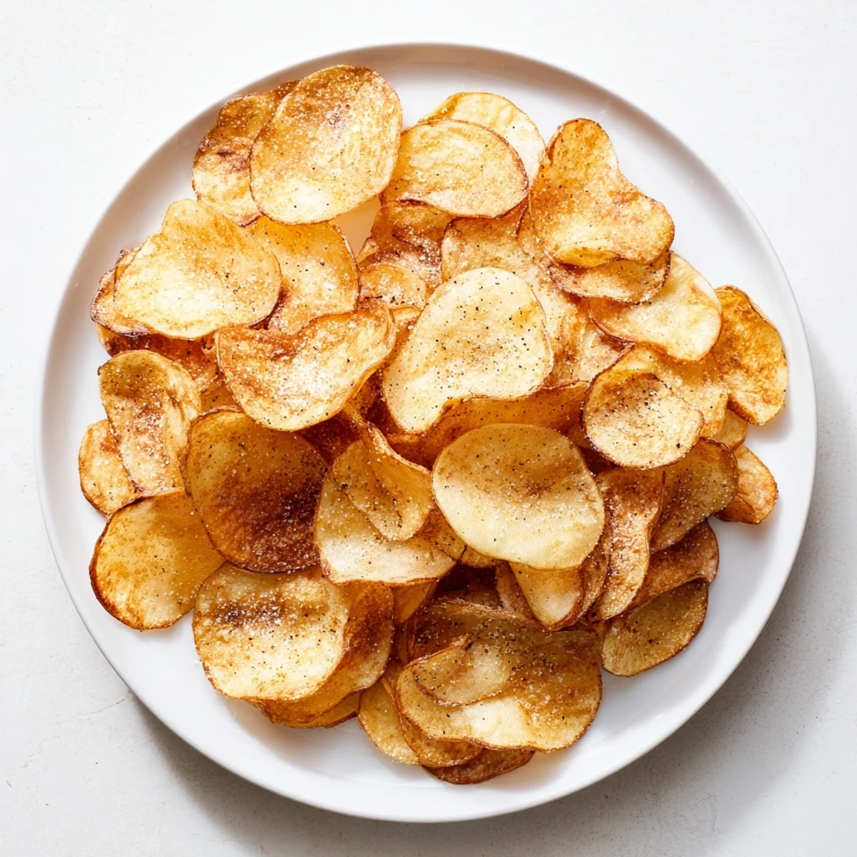 Freshly fried homemade potato chips cooling on paper towel with salt sprinkled on top
