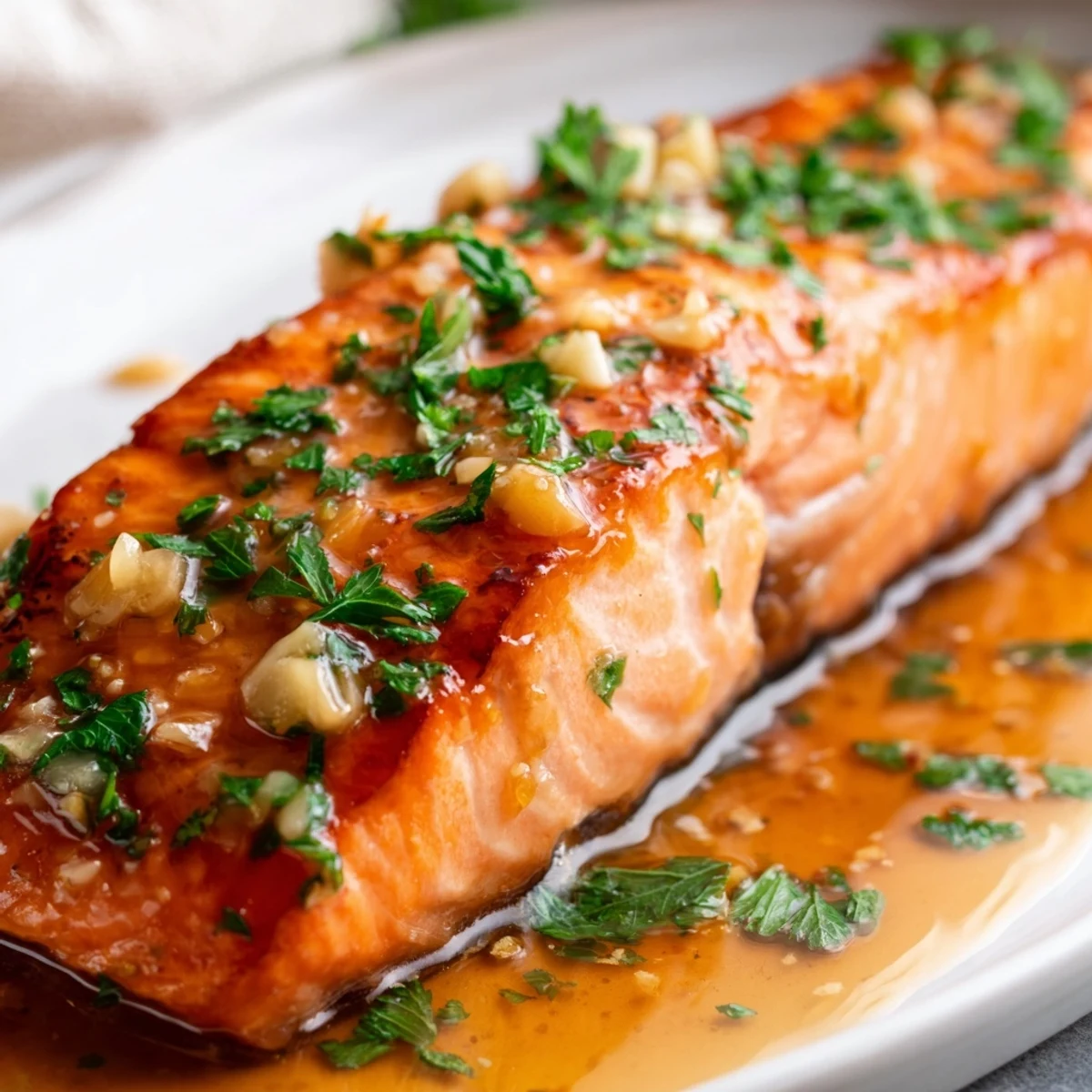 Oven-roasted honey lime garlic butter baked salmon flaking apart on a white serving plate