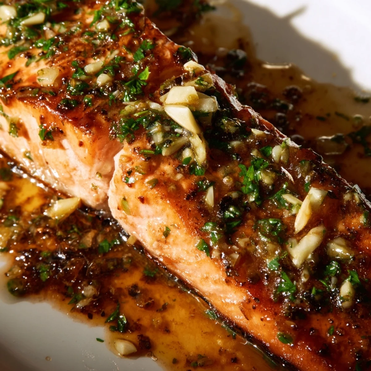 Golden baked salmon fillet glazed with honey lime garlic butter sauce, garnished with fresh herbs