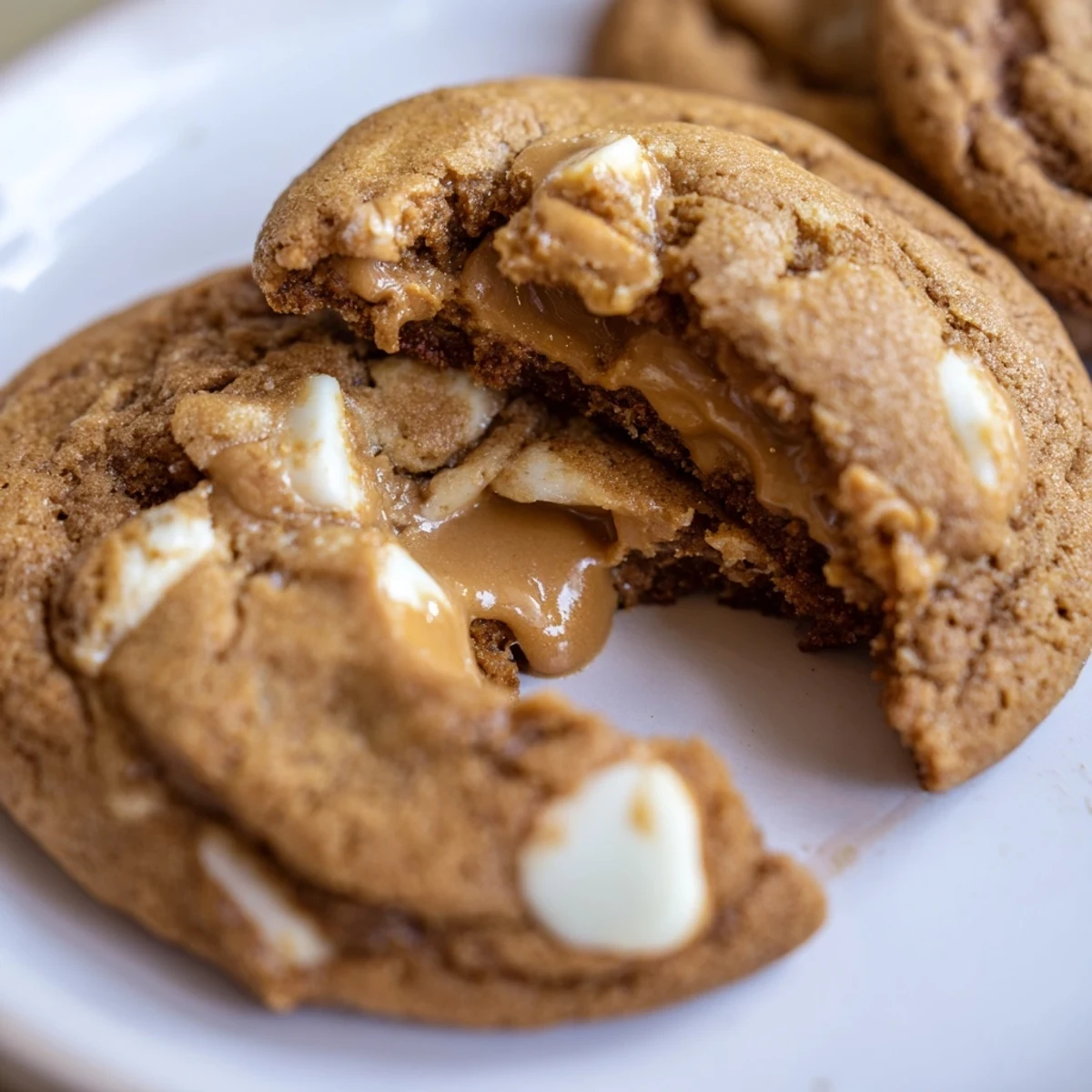 Warm stuffed Biscoff butter lava cookies with gooey centers oozing onto a plate