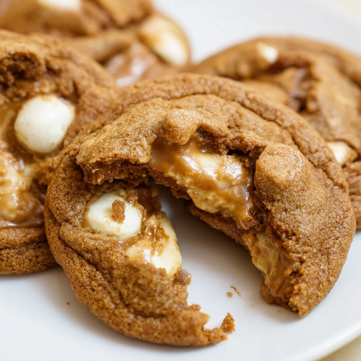 Golden baked Biscoff lava cookies featuring white chocolate chips and crushed cookie pieces