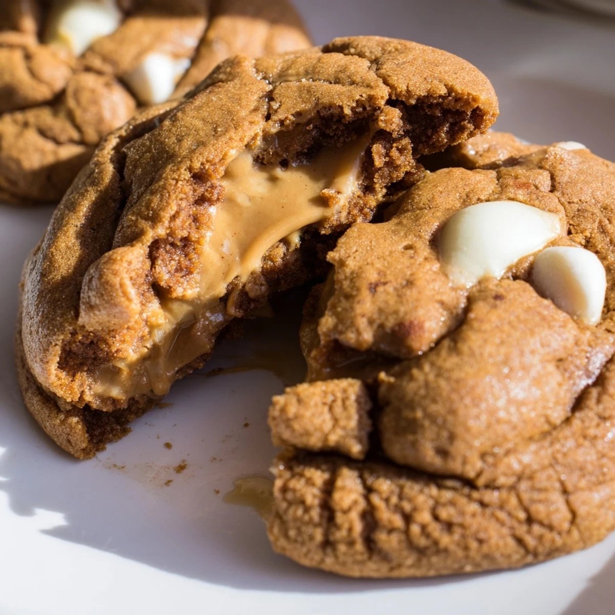 Freshly baked stuffed Biscoff butter cookies with warm molten centers visible inside