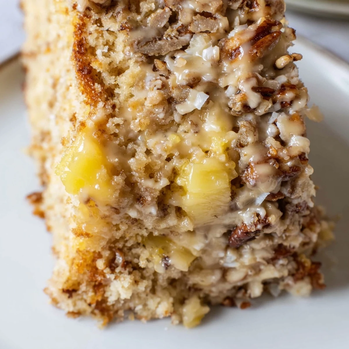 Sliced Texas Tornado Cake showcasing layers of coconut pineapple and rich glaze