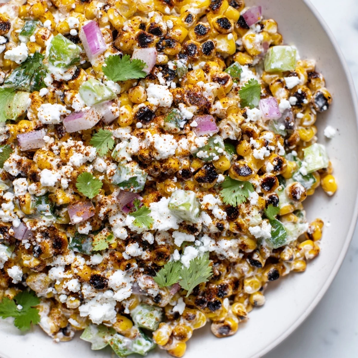 Colorful bowl of refreshing street corn creamy cucumber salad with charred kernels and crisp vegetables
