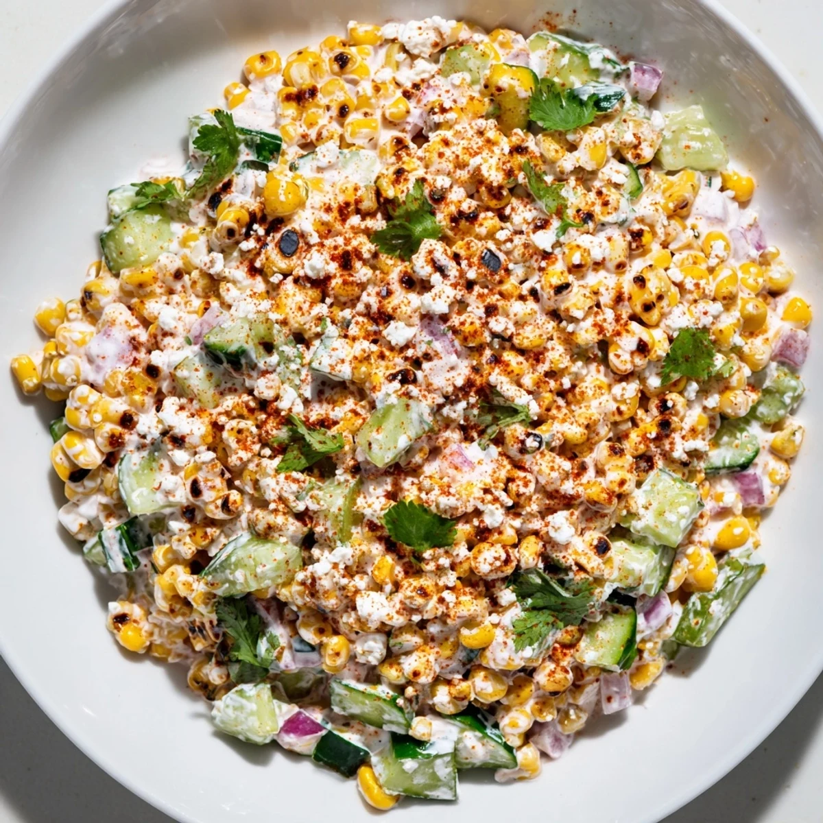 Summer side dish featuring sweet corn, diced cucumbers, and tangy lime dressing in white bowl