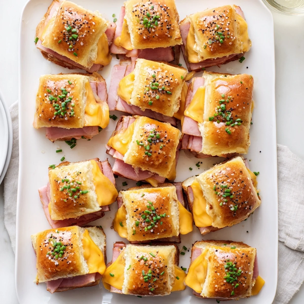 Golden grilled mini Hawaiian rolls sandwiching melted cheddar cheese and savory ham on a wooden board