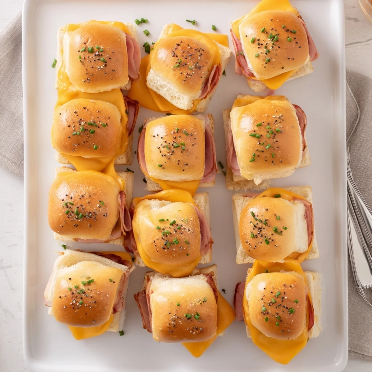 Buttery toasted sweet rolls filled with melted cheese and honey mustard glaze on a white platter