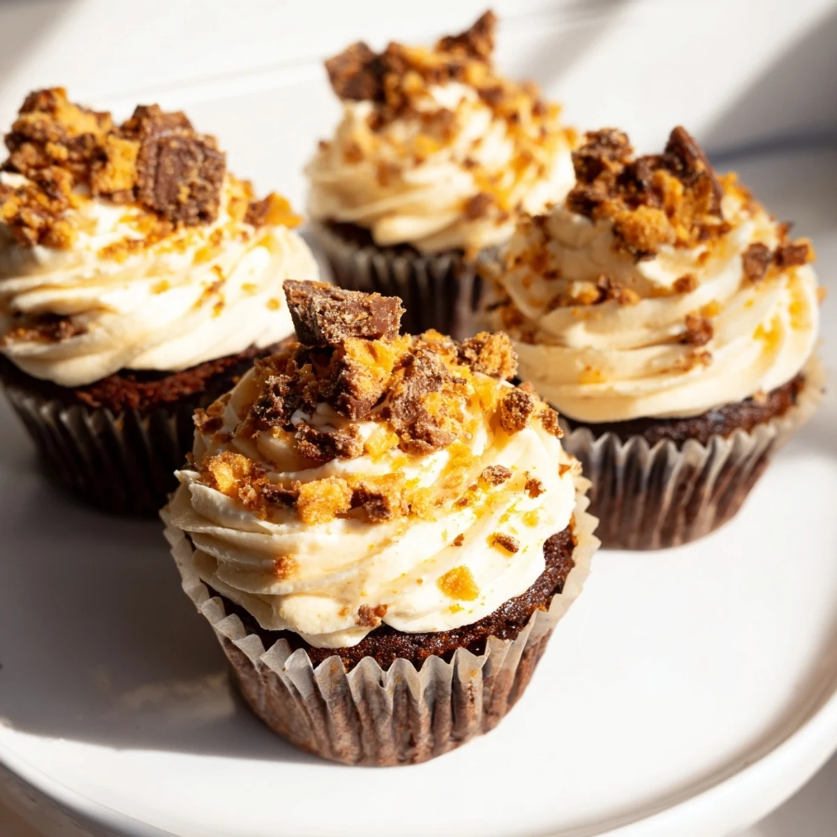 Rich chocolate cupcakes topped with creamy peanut butter Butterfinger frosting and garnish