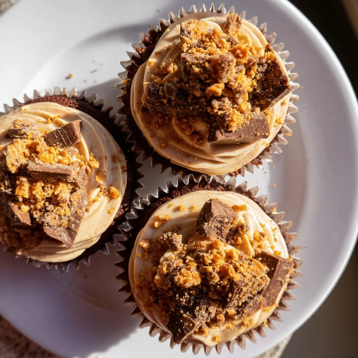 Decadent Butterfinger cupcakes with peanut butter filling and crushed candy topping
