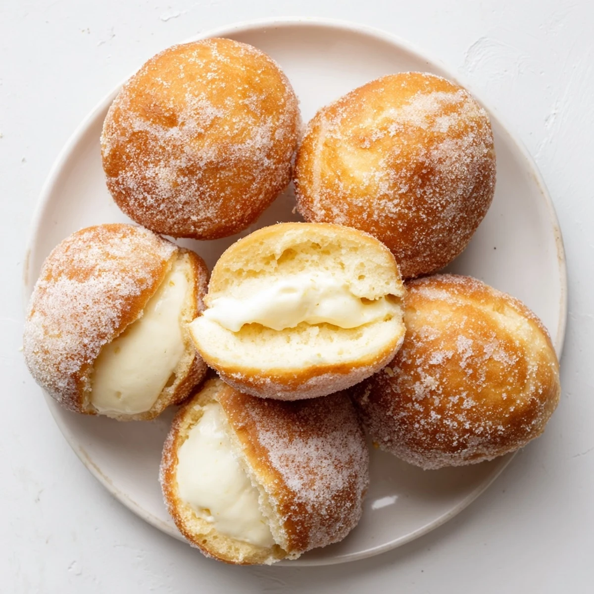 Golden Italian bomboloni alla crema dusted with sugar and filled with vanilla cream