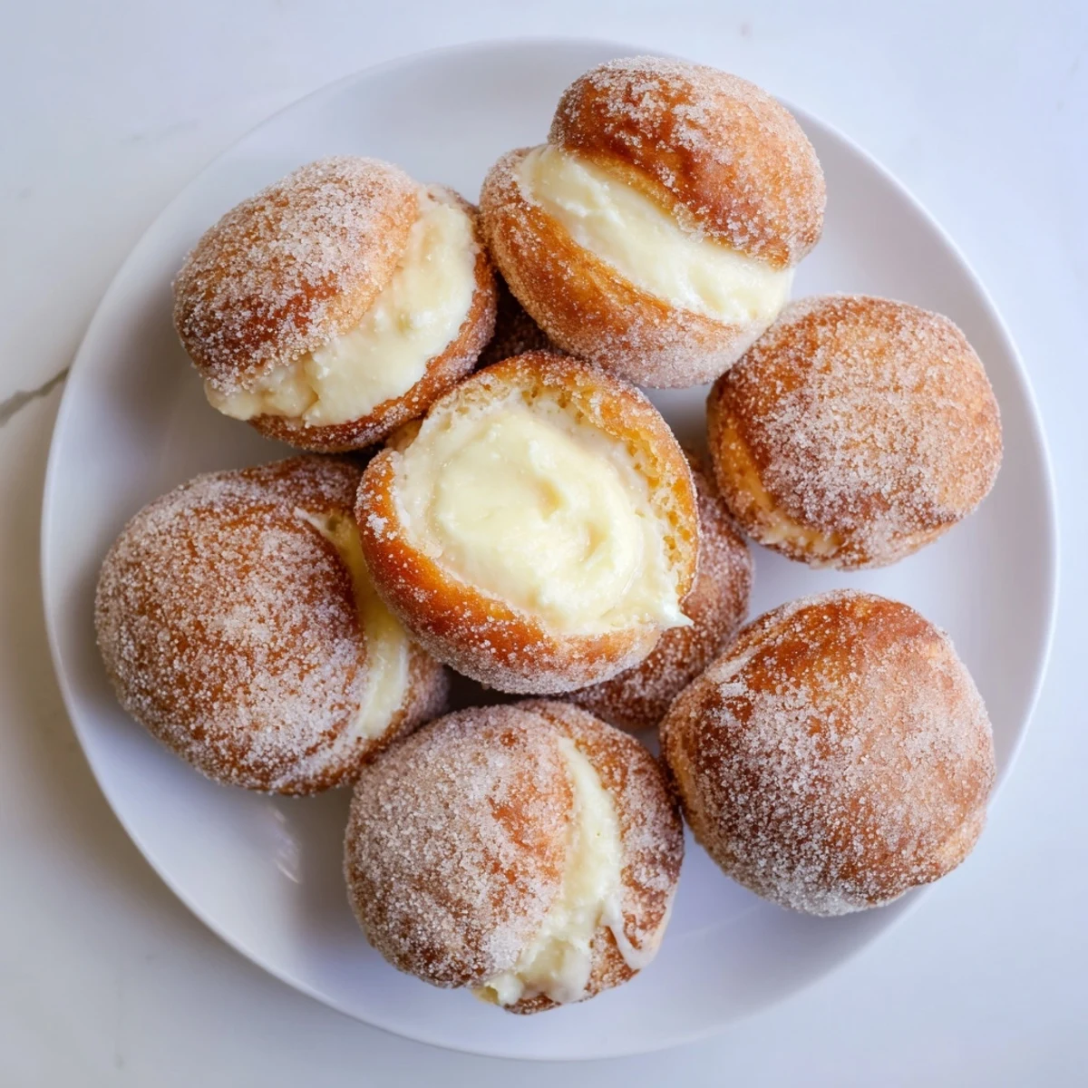 Fluffy fried doughnuts overflowing with smooth pastry cream on a white serving plate